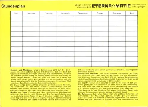 Stundenplan Uhrenhersteller Eterna AG, Schweiz, Uhr Eterna Matic, Wir messen die Zeit um 1960/70