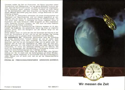 Stundenplan Uhrenhersteller Eterna AG, Schweiz, Uhr Eterna Matic, Wir messen die Zeit um 1960/70