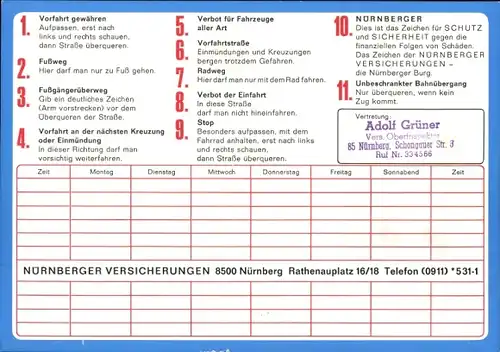 Stundenplan Nürnberger Versicherung, Nürnberg, Straßenschilder, Sicherheit auf einen Blick ca. 1970