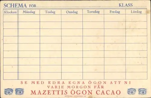 Stundenplan Reklame Mazettis Augen Kakao, Mazettis Ögon Cacao, Schweden um 1930