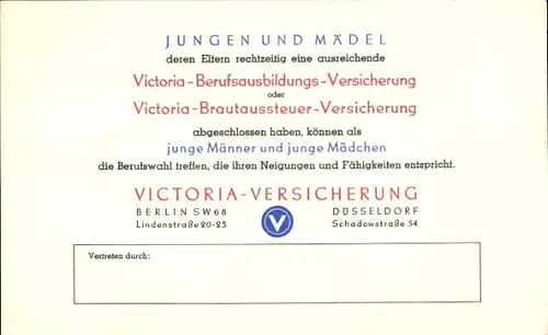 Stundenplan Victoria-Versicherung, Berlin & Düsseldorf, Berufsausbildungs-Versicherung um 1930