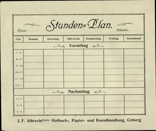 Stundenplan J.F. Albrecht Hofbuch-, Papier- und Kunsthandlung, Coburg um 1920
