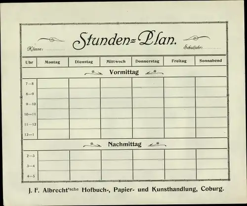 Stundenplan J.F. Albrecht Hofbuch-, Papier- und Kunsthandlung, Coburg um 1920