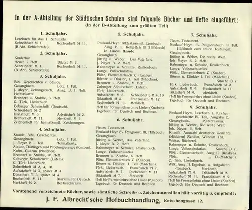 Stundenplan J.F. Albrecht Hofbuch-, Papier- und Kunsthandlung, Coburg um 1920