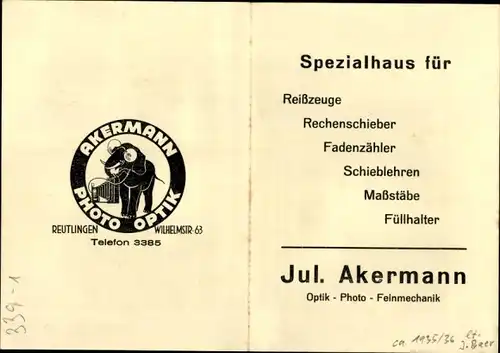 Stundenplan Akermann Photo Optik, Wilhelmstraße 63, Reutlingen um 1935