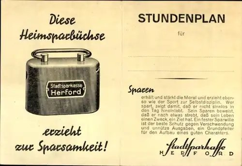 Stundenplan Stadtsparkasse Herford, Heimsparbüchse Spardose um 1940/50