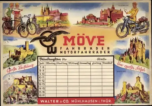 Stundenplan MÖVE Fahrräder Motorräder, Walter & Co. Mühlhausen Thüringen um 1930