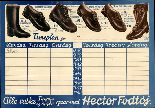 Stundenplan Hector Schuhwerbung, Dänemark, Junge und Mädchen auf Tandem um 1930