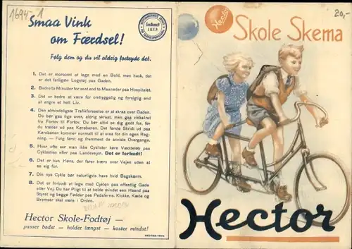 Stundenplan Hector Schuhwerbung, Dänemark, Junge und Mädchen auf Tandem um 1930