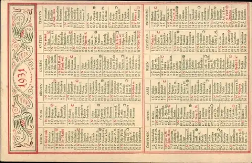 Stundenplan Tschechien, Jahreskalender mit Namenstagen 1931