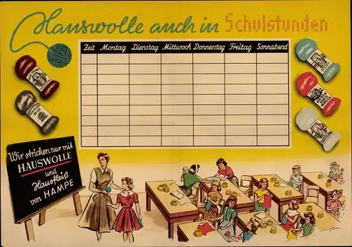 Stundenplan HAMPE Hauswolle, Stricken in der Schule, Strickmuster um 1950