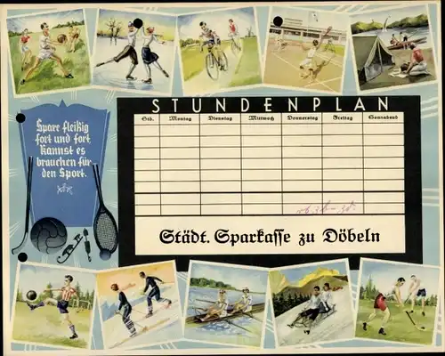 Stundenplan Städtische Sparkasse zu Döbeln, Spart für den Sport um1930