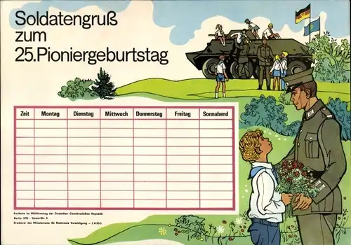 Stundenplan DDR Nationale Volksarmee, Soldatengruß zum 25. Pioniergeburtstag um 1980