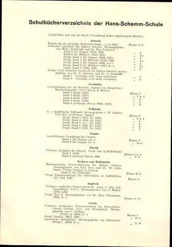 Stundenplan Buchhandlung Franz Otto Genth, Leipzig, Universitätsstr. 46, Hans-Schwemm-Schule um 1930