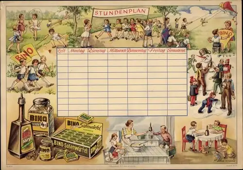 Stundenplan BINO Nahrungsmittel, Soßenwürfel, Würze, Künstler Nitzsche, spielende Kinder um 1930