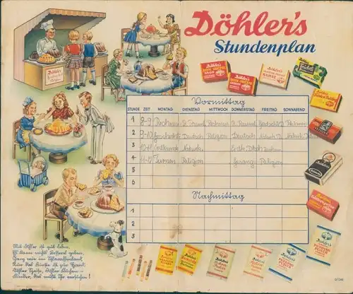 Stundenplan Döhler`s Puddingpulver, Götterspeise, Grütze - Kinder beim essen um 1930
