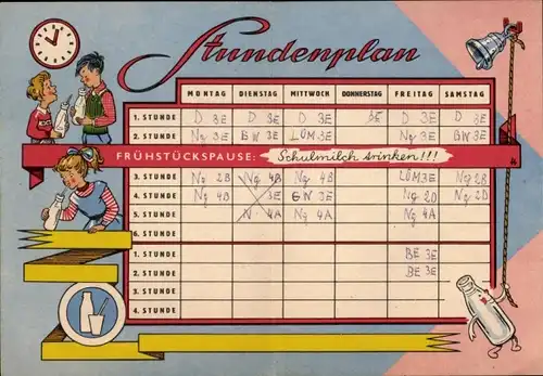 Stundenplan Schulmilch trinken, Vollmilch Nährstoffe und Vitamine um 1960