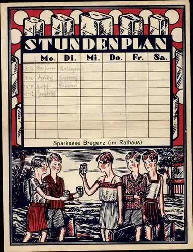 Stundenplan Sparkasse Bregenz (im Rathaus), Mädchen auf dem Schulweg um 1930