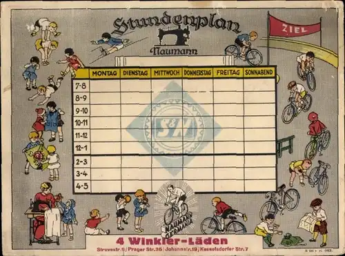 Stundenplan Naumann Germania Fahrräder, Winkler Läden in Dresden um 1930