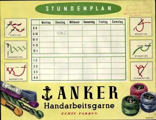 Stundenplan Anker Handarbeitsgarne, Echte Farben, Sticken um 1960