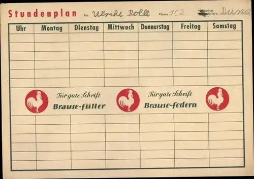 Stundenplan Brause Federn, Füller, Kinderlieder mit Noten um 1950