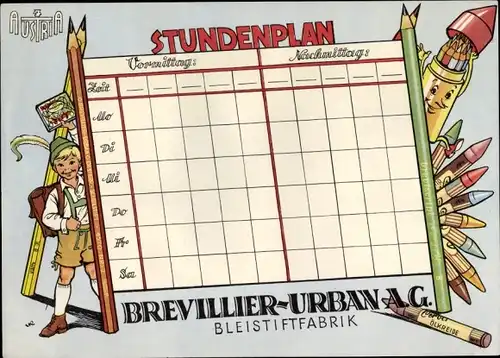 Stundenplan Brevillier-Urban AG Bleistiftfabrik, Österreich, Junge mit Stiften um 1950