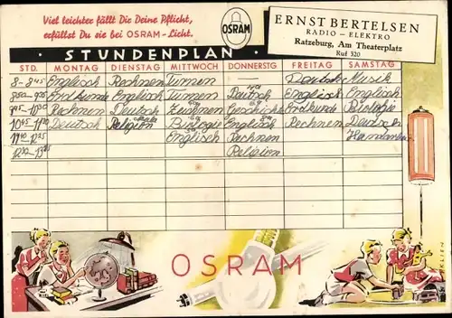 Stundenplan OSRAM Lampen, Ernst Bertelsen Radio-Elektro, Ratzeburg um 1950
