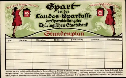Stundenplan Thüringische Staatsbank, Wer spart kommt vorwärts, Kinder mit Lampe um 1930
