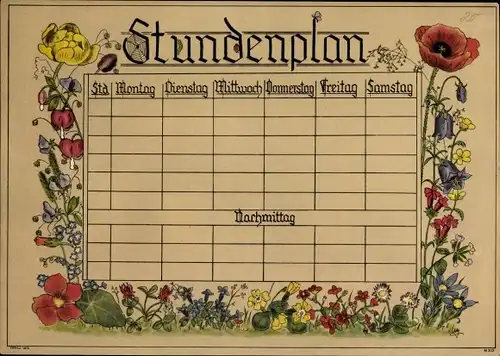 Stundenplan Blumen, Mohnblume, Glockenblume um 1930