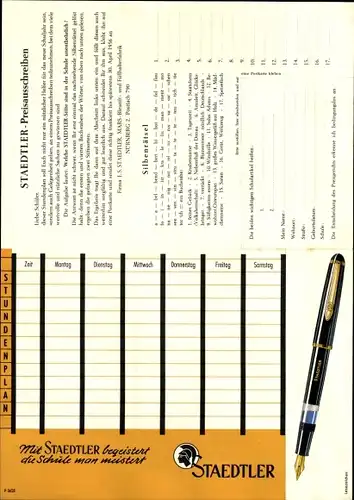 Stundenplan Staedtler Schulfüller, Bleistifte, Malwettbewerb, Preisausschreiben um 1960