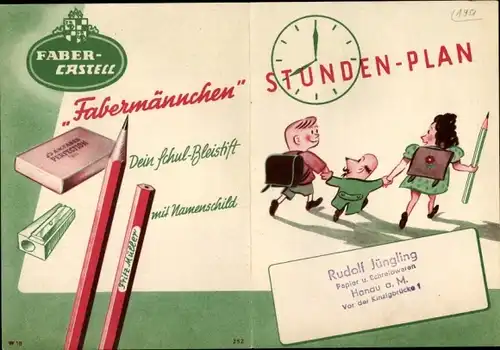 Stundenplan Gaber-Castell, Schul-Bleistifte, Rudolf Jüngling Schreibwaren Hanau a. M. um 1950