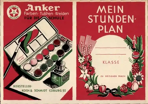 Stundenplan Koch & Schmidt Coburg, Anker Farben, Tuschen, Kreiden und Pinsel um 1950