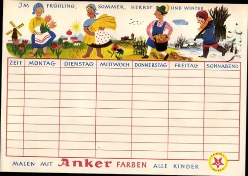 Stundenplan Koch & Schmidt Coburg, Anker Farben, Tuschen, Kreiden und Pinsel um 1950