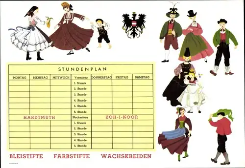 Stundenplan Hardtmuth Koh-I-Noor, Bleistifte, Farbstifte, Wachskreiden, Trachten um 1960