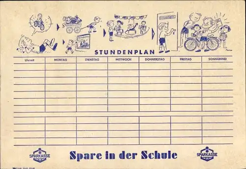 Stundenplan, Spare in der Schule, Schüler mit Sparbuch um 1950