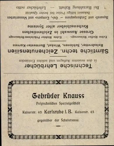 Stundenplan Gebrüder Knauss, Polytechnisches Spezialgeschäft, Kaiserstraße 63 Karlsruhe um 1940