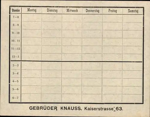 Stundenplan Gebrüder Knauss, Polytechnisches Spezialgeschäft, Kaiserstraße 63 Karlsruhe um 1940