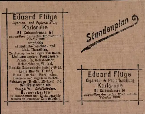 Stundenplan Eduard Flüge Zigarren & Papierhandlung, Kaiserstraße 51 Karlsruhe um 1940