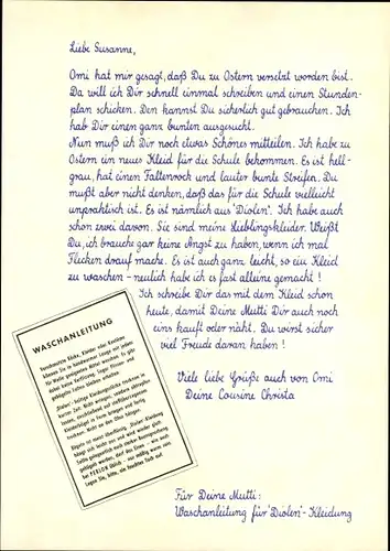 Stundenplan DIOLEN Kleidung, Waschanleitung für Mutti um 1960