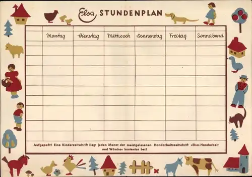 Stundenplan ELSA Handarbeitszeitschrift "Elsa-Handarbeit und Wäsche" um 1960