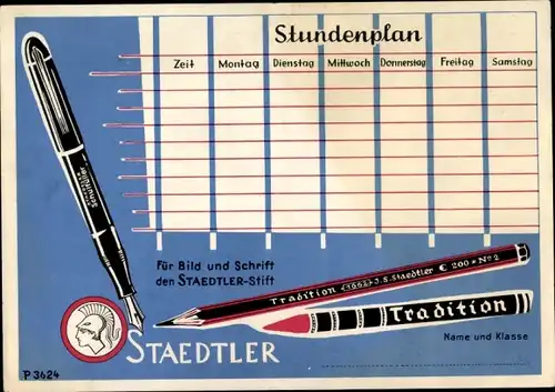 Stundenplan Staedtler Tradition-Schulfüller, Schulbleistifte, Schulfächer um 1960