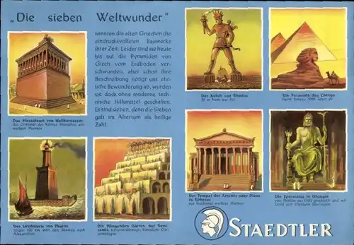 Stundenplan Staedtler Schulfüller, Die sieben Weltwunder, Pyramide etc. um 1960