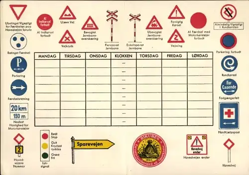 Stundenplan Bikuben Filialen, Dänemark, Verkehrszeichen um 1960