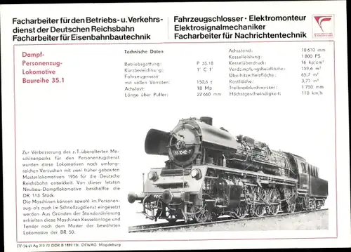 Stundenplan DDR Deutsche Reichsbahn, Dampf-Personenzug-Tenderlok Baureihe 35.1 um 1970