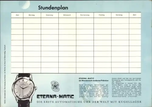 Stundenplan Eterna Matic Automatische Uhr, Wunderwerk moderner Präzision um 1960