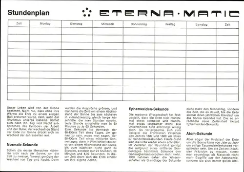 Stundenplan Eterna Matic Uhr, Uhrenfachgeschäft Clemens Saabe, Bielefeld, Präzision im Alltag