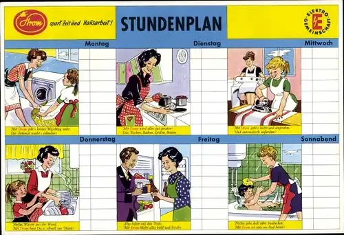 Stundenplan Strom Elektro Gemeinschaft. spart Zeit und Hausarbeit um 1960