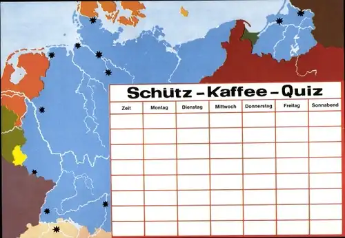 Stundenplan Schütz Kaffee, Aerotherm geröstet, Landkarte mit Quiz um 1970