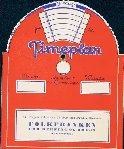 Mechanischer Stundenplan Folkebanken for Herning og Omegn, Dänemark, um 1930