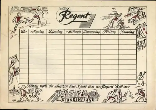 Stundenplan Regent Erzeugnisse Schulbedarf, vom ABC bis zum Abitur, Zeichenblöcke, Hefte um 1960